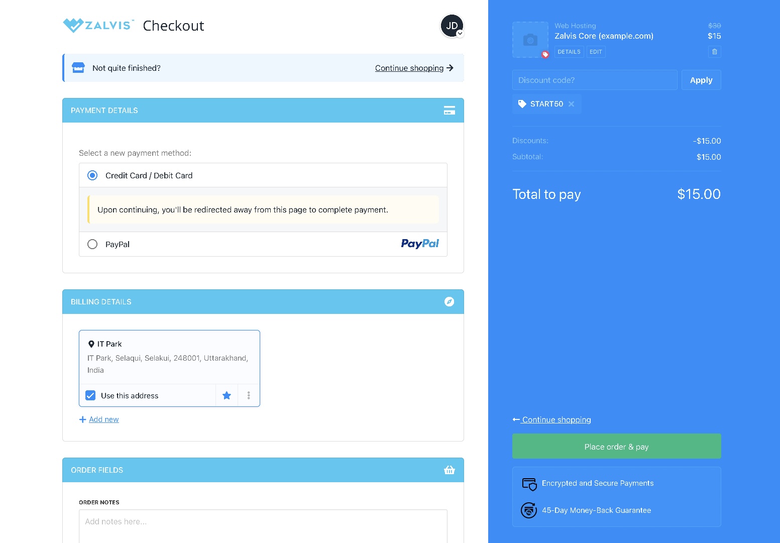 Zalvis Checkout Page
